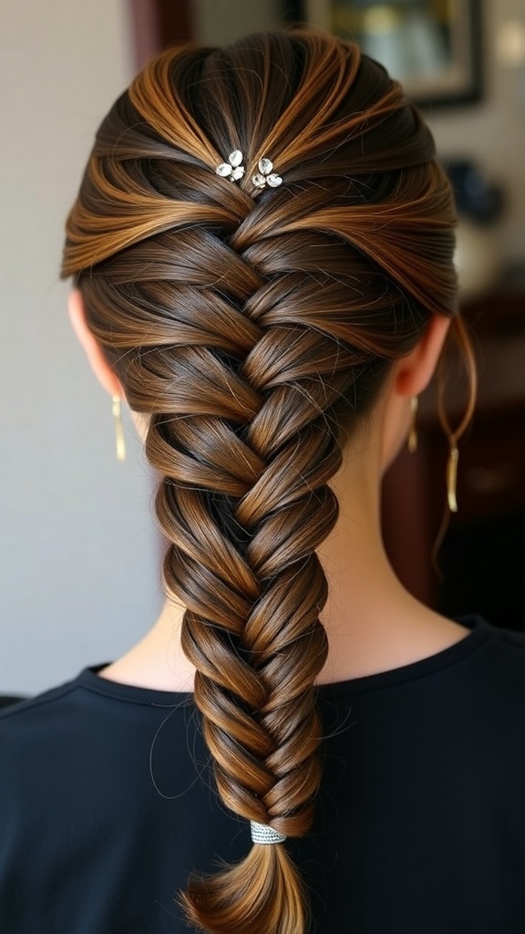 A close-up of a three-strand braided hairstyle with hair accessories, showcasing a neat and elegant look.